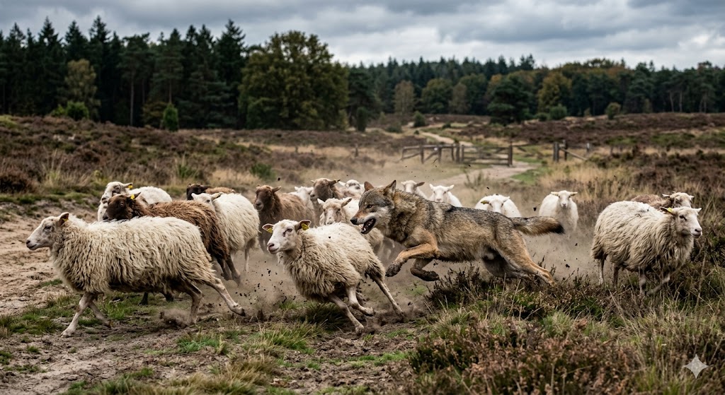 Een wolf valt een kudde schapen aan op de Veluwe