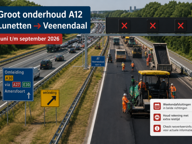 Groot onderhoud op de A12 Lunetten richting Veenendaal