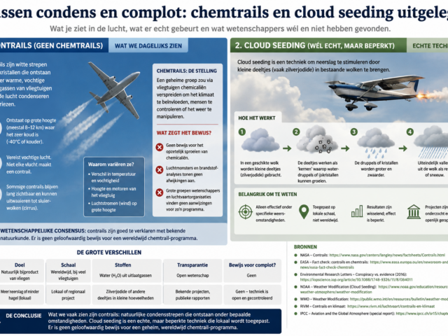 Tussen condens en complot: waarom &lsquo;chemtrails&rsquo; en cloud seeding zo vaak door elkaar worden gehaald
