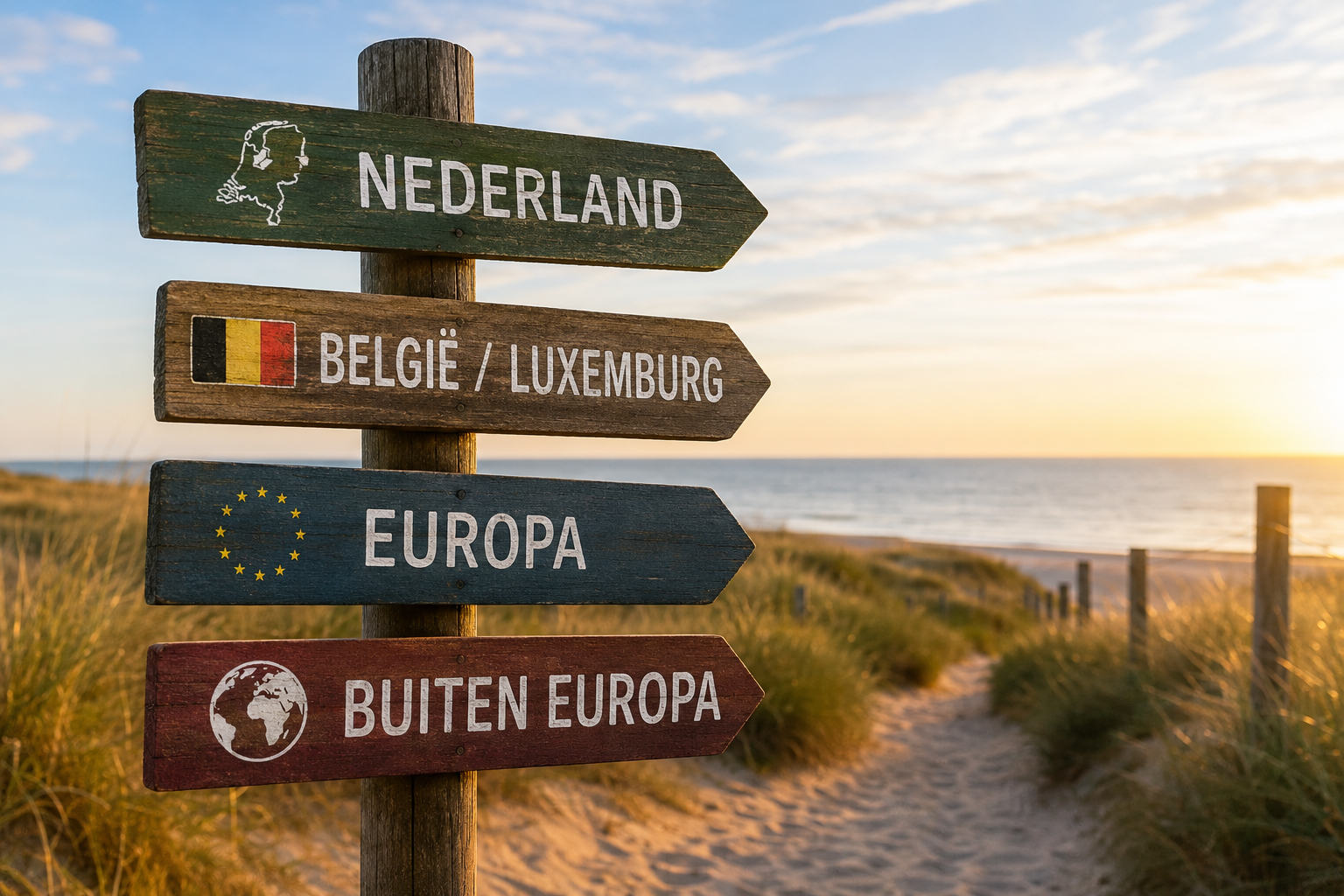 Vakantie, een bord aan het strand met bestemmingen