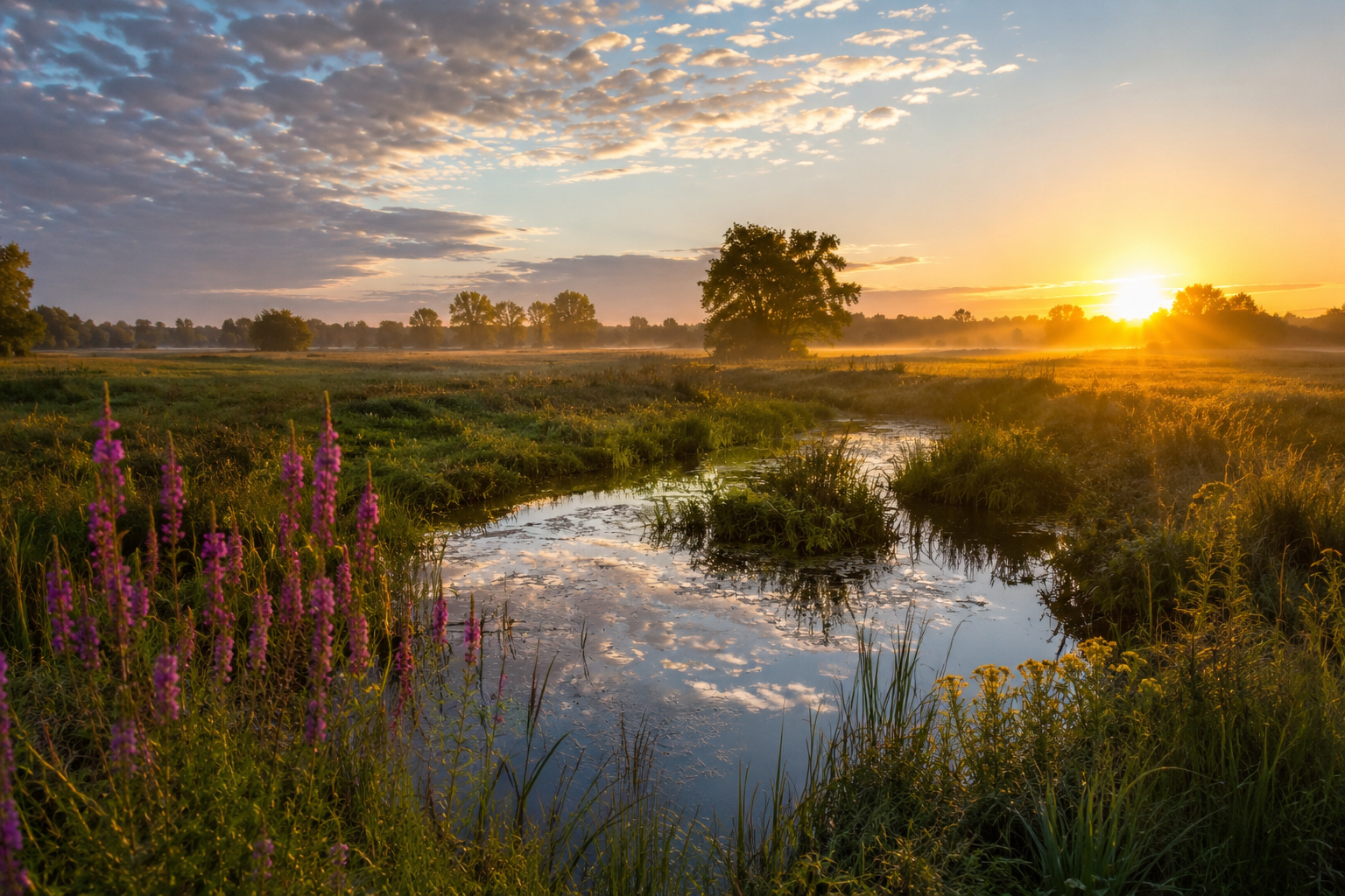 Natuur Gelderland, landschap en meertje, ondergaande zon